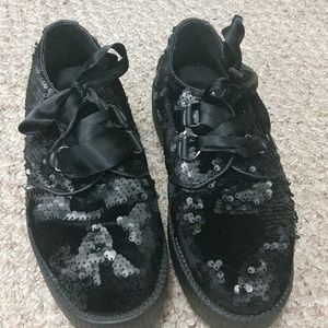 T.U.K sequins and velvet lace up creepers.